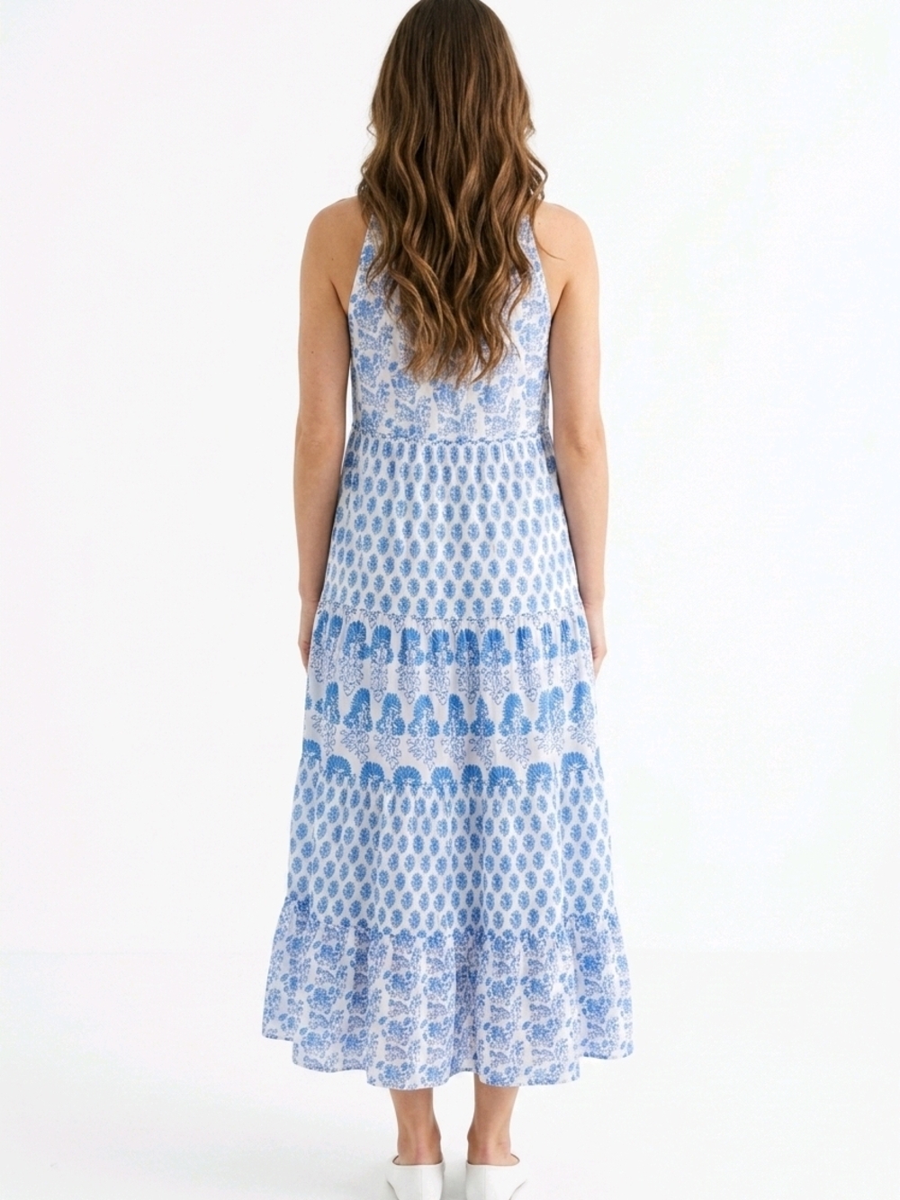 Calypso Blue & White Boho Printed Maxi Dress Sleeveless Tiered Size Small - Picture 4 of 14